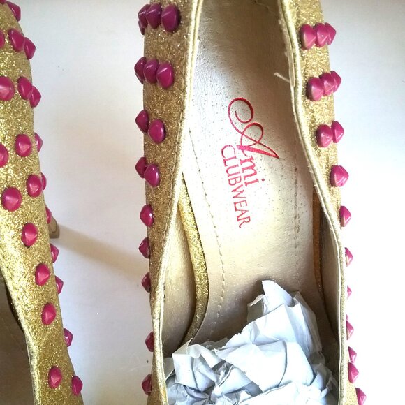 "Ami Clubwear" Size 6.5 Stripper Platform Pumps Heels Gold Sparkle, Pink Bubbles - Picture 7 of 15